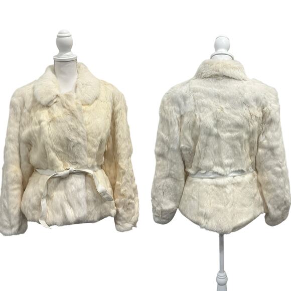 Vintage Ivory Genuine Rabbit Fur Satin Lined Belted Coat Mob Wife Glam Old Money - Picture 1 of 14
